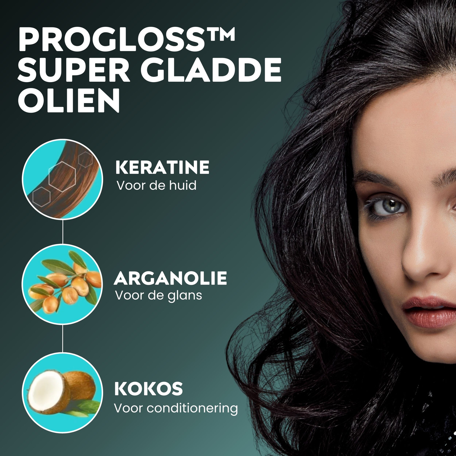 Woman with dark hair, product description: Keratin, Argan Oil, and Coconut for hair.