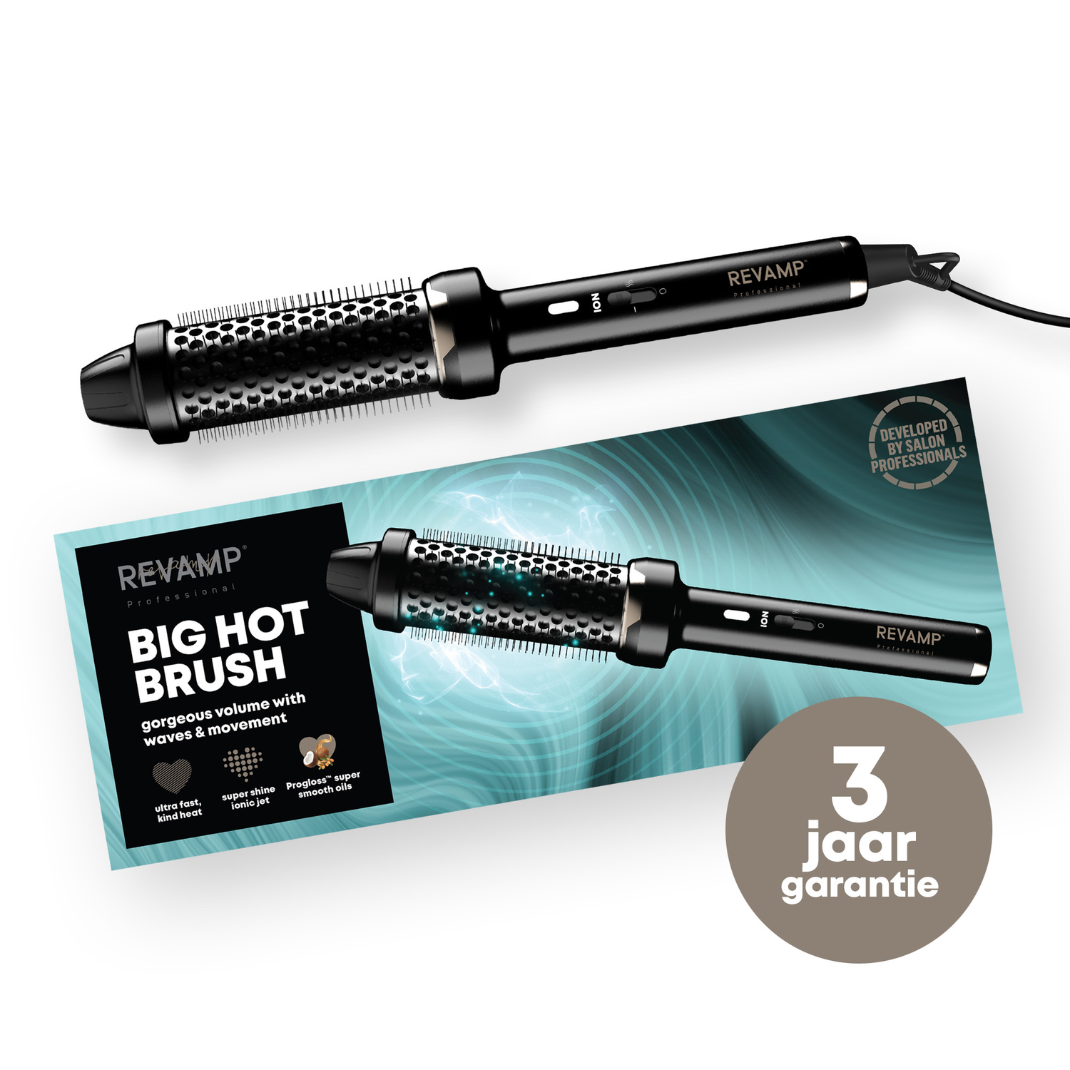 Revamp Big Hot Brush, black with blue highlights, on a white background, with box.