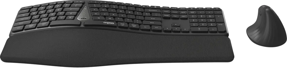 Ensemble clavier et souris ergonomique noir. Le clavier a un design incurvé.