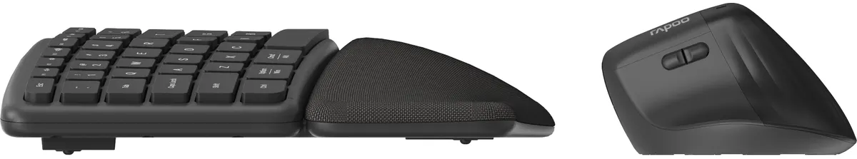 Un ensemble clavier et souris ergonomique noir, vue latérale, avec un design incurvé.