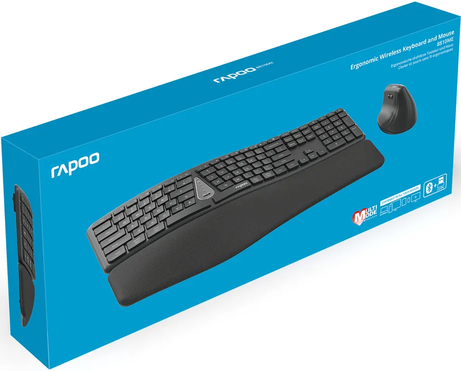 Ensemble clavier et souris dans une boîte bleue, design ergonomique.