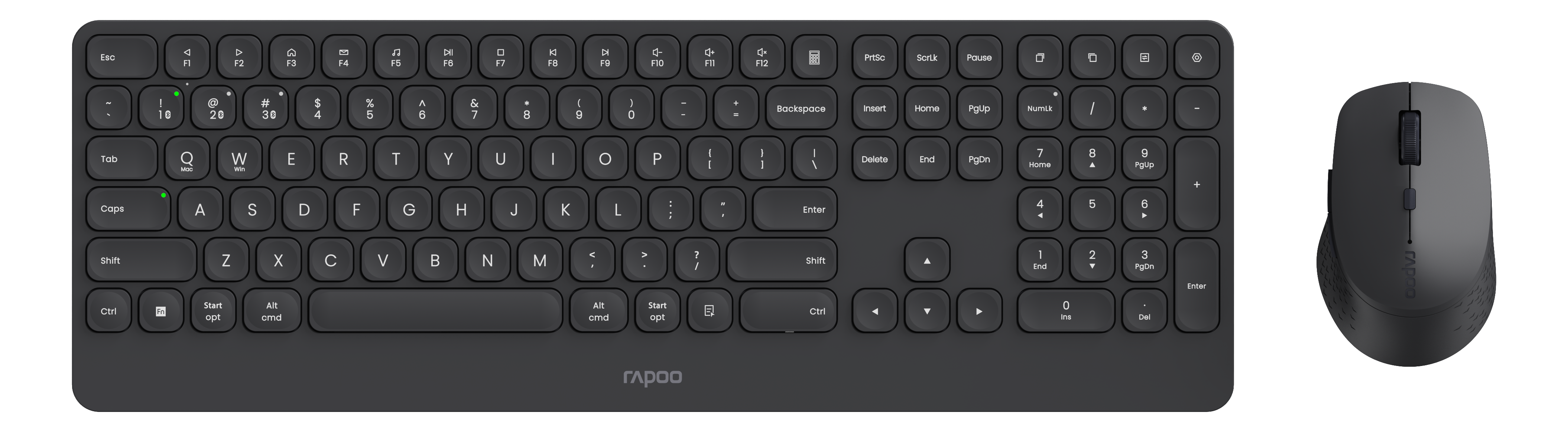 Schwarzes Tastatur- und Maus-Set. Die Tastatur hat viele Tasten. Die Maus befindet sich auf der rechten Seite.