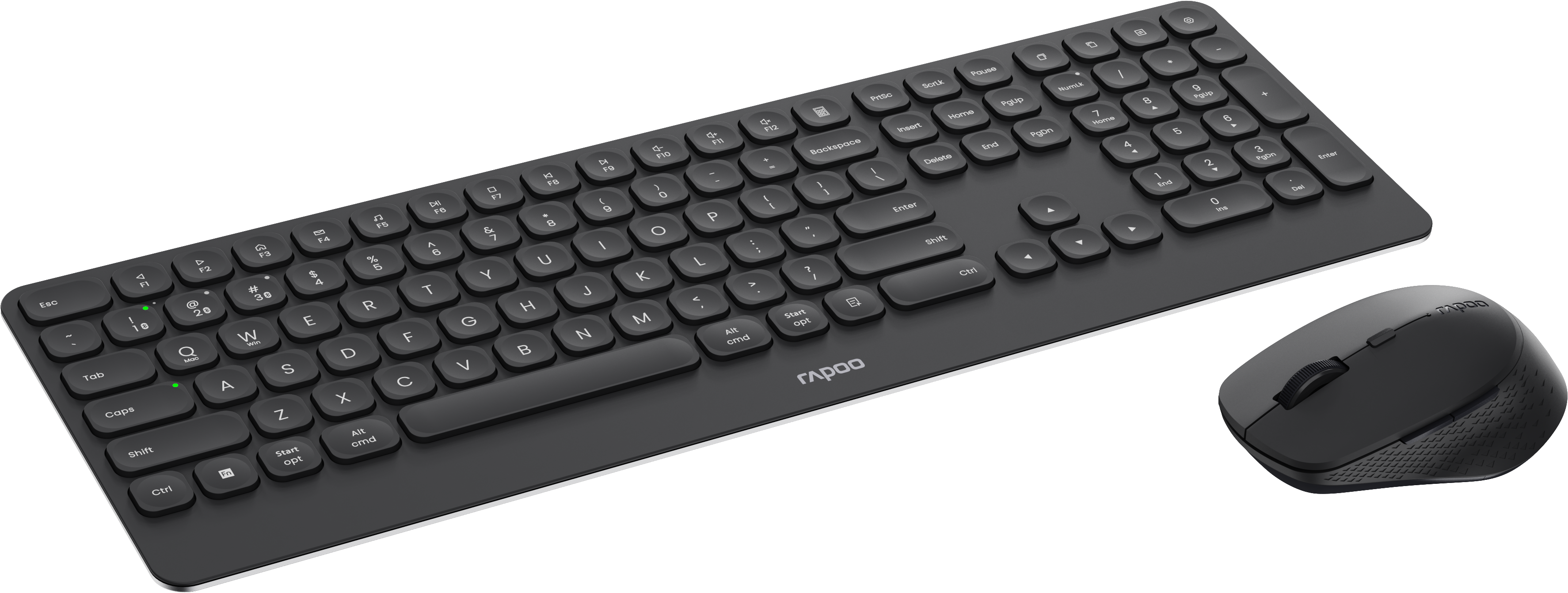 Schwarzes Tastatur- und Maus-Set. Die Tastatur hat viele Tasten, und die Maus ist gebogen.