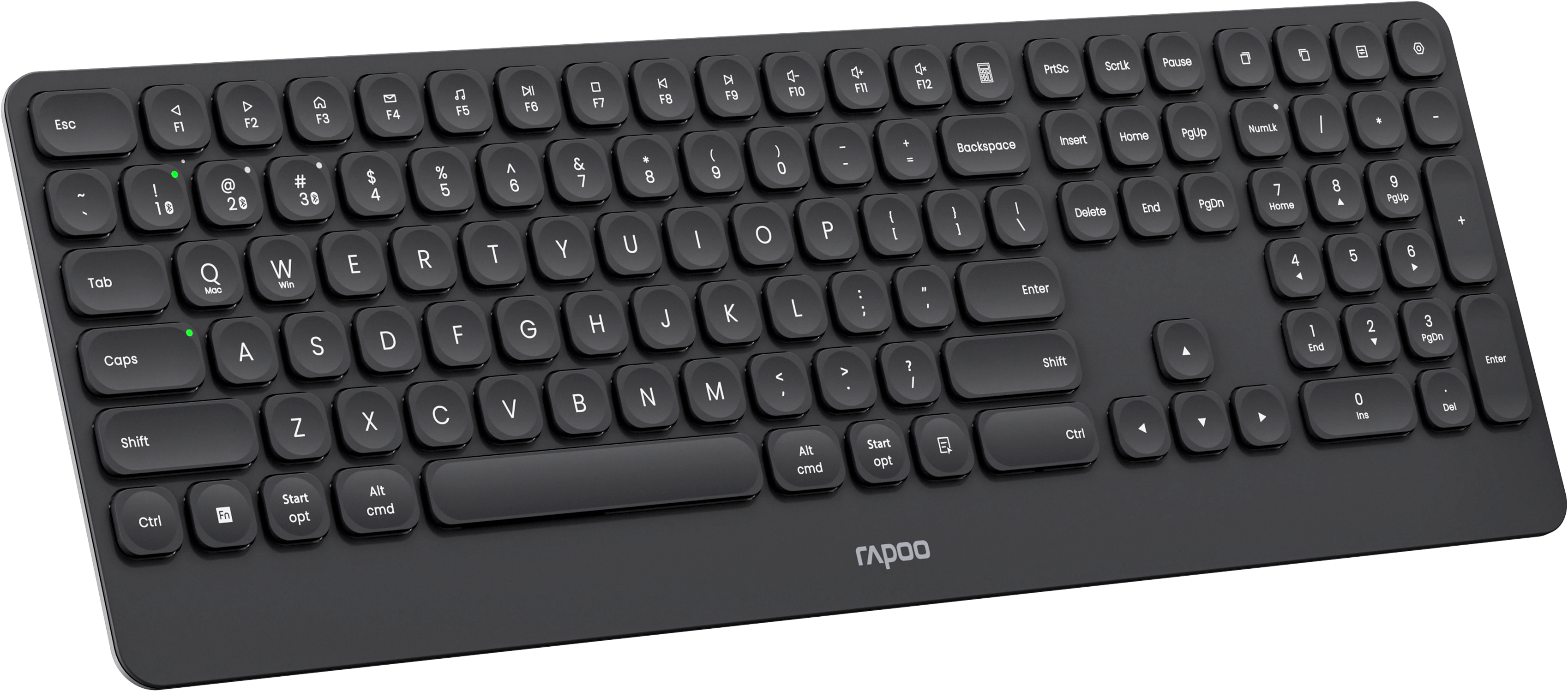Eine schwarze Computertastatur mit weißen Buchstaben-, Funktions- und Zifferntasten.
