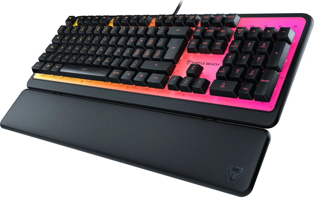 Schwarze Gaming-Tastatur mit Handballenauflage. Sie hat bunte Lichter und Turtle Beach-Branding.