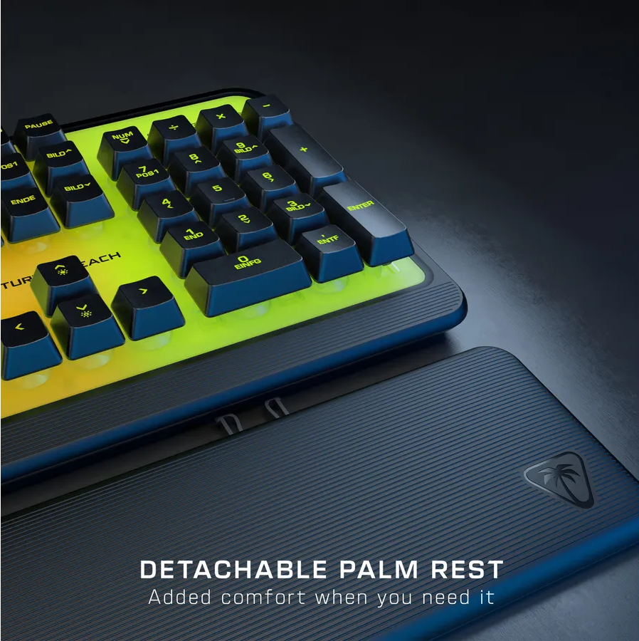 Schwarze Tastatur mit gelben Tasten, abnehmbare Handballenauflage, schwarzer Hintergrund. Text: Abnehmbare Handballenauflage, mehr Komfort.