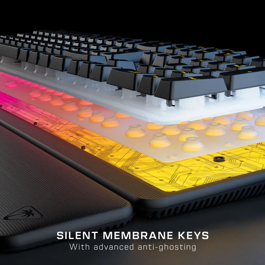 Tastatur mit schwarzen Tasten, beleuchteter Membran und gelber Leiterplatte.