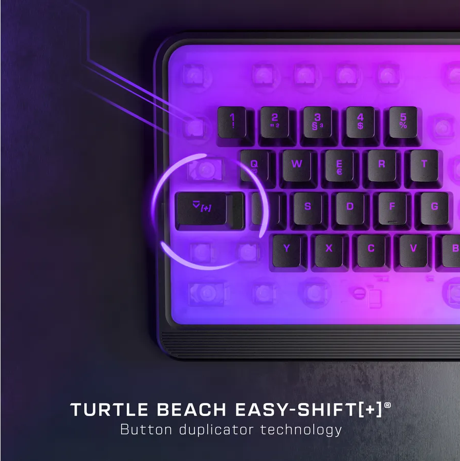 Tastatur mit beleuchteten Tasten, Hervorhebung der Umschalttaste und Text darunter, auf dunklem Hintergrund.