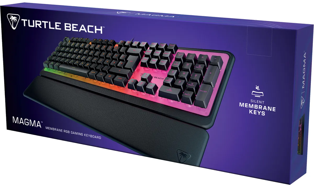 Eine Tastaturbox mit schwarzer Tastatur und Regenbogenbeleuchtung.