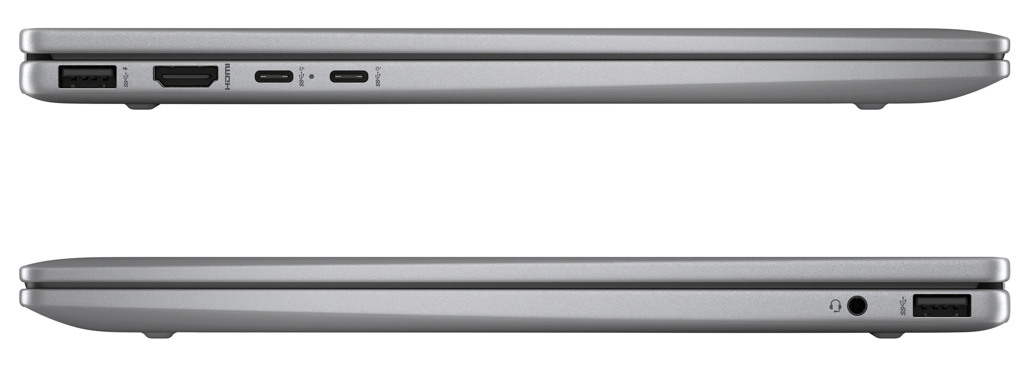 Widok z boku srebrnego laptopa. Porty: USB, HDMI, Thunderbolt, USB-C i gniazdo audio. Czarne tło.