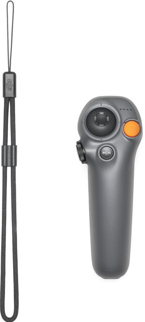 Eine dunkelgraue Fernbedienung mit Handschlaufe und orangefarbener Taste.