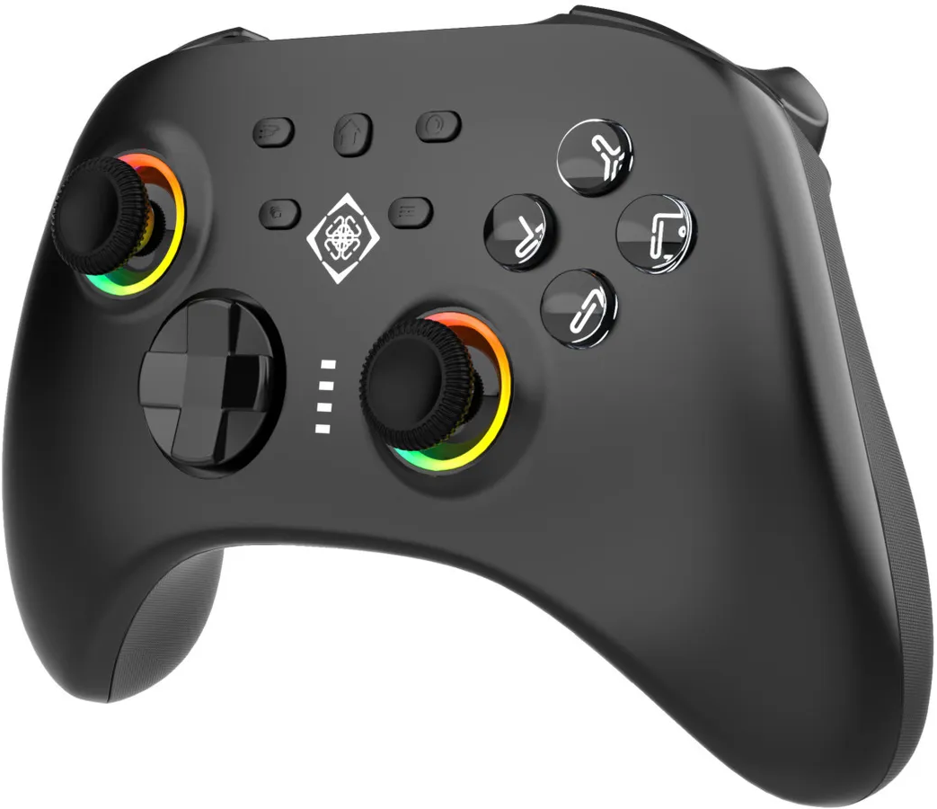 Controller di gioco nero. Caratterizzato da pulsanti colorati e un logo.