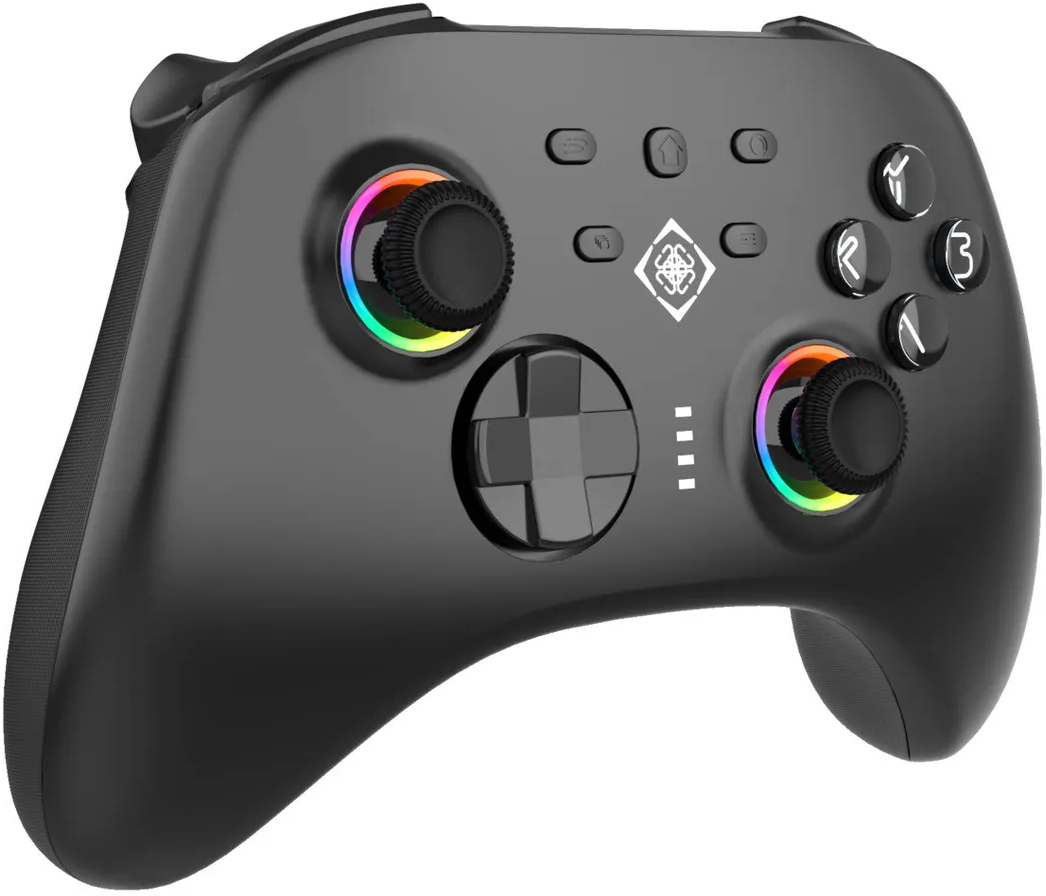 Gamepad nero con luci colorate attorno ai joystick e ai pulsanti. Pulsanti etichettati.