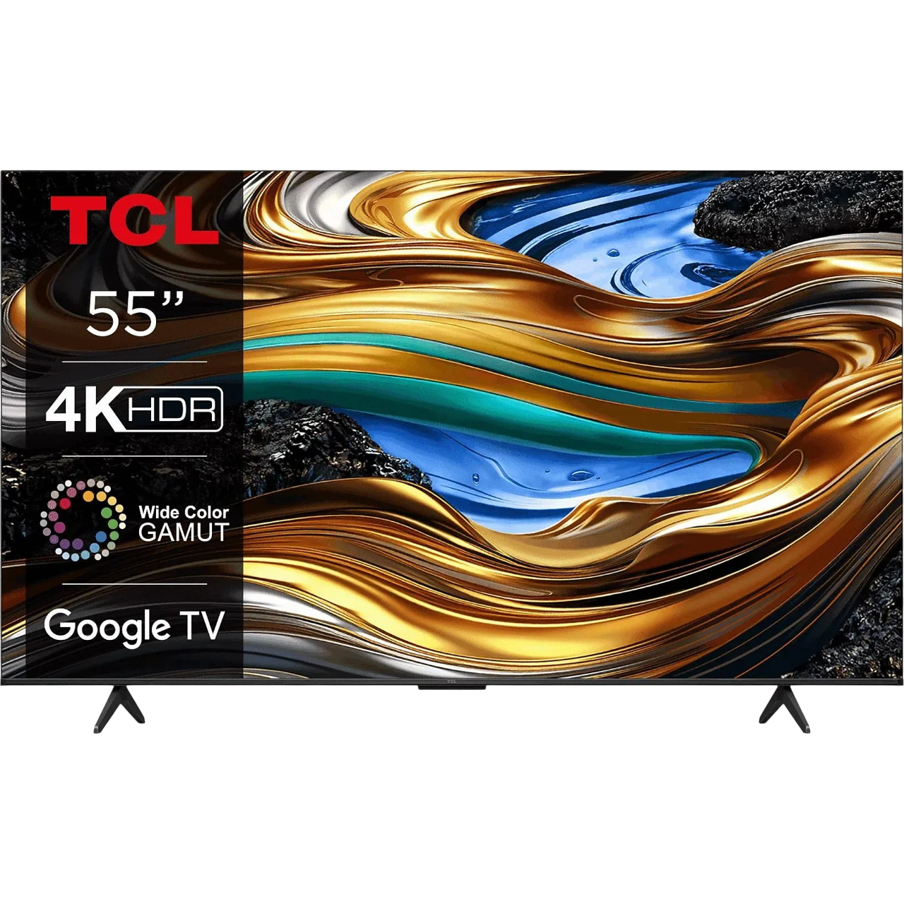 4K HDR, Google TV ve renk gamı logosu ile TCL 55" TV. Altın ve mavi soyut arka plan.