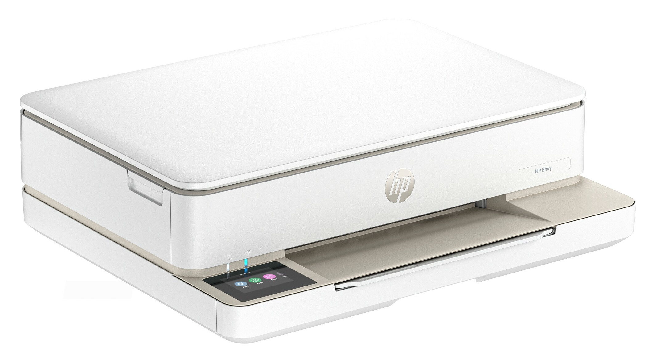 Biała drukarka HP z panelem sterowania, na białej powierzchni, na białym tle.