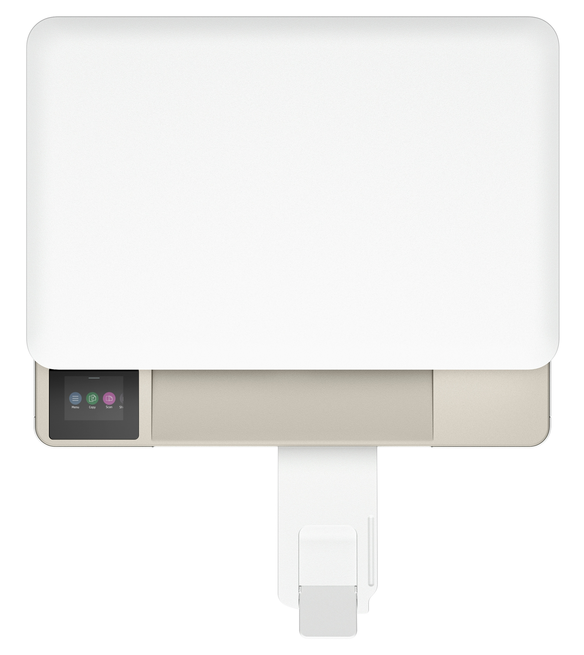 Widok z góry na białą drukarkę z małym ekranem i wyjściem papieru.