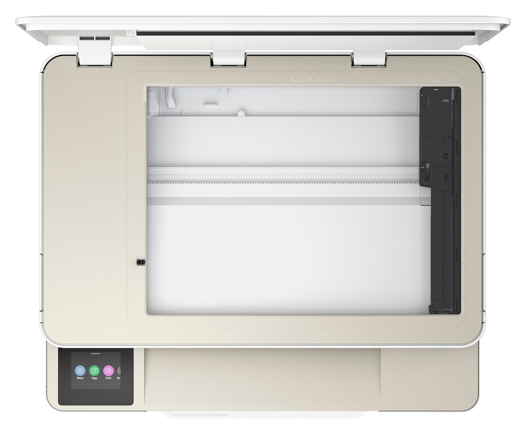 Widok z góry na beżowy skaner z otwartą pokrywą. Widoczne przyciski i wyświetlacz.