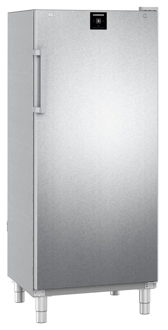 Hoher Liebherr-Kühlschrank aus Edelstahl mit Griff und Digitalanzeige der Temperatur.