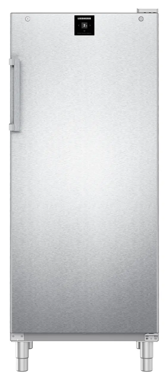 Edelstahl-Liebherr-Kühlschrank mit Griff auf der linken Seite.