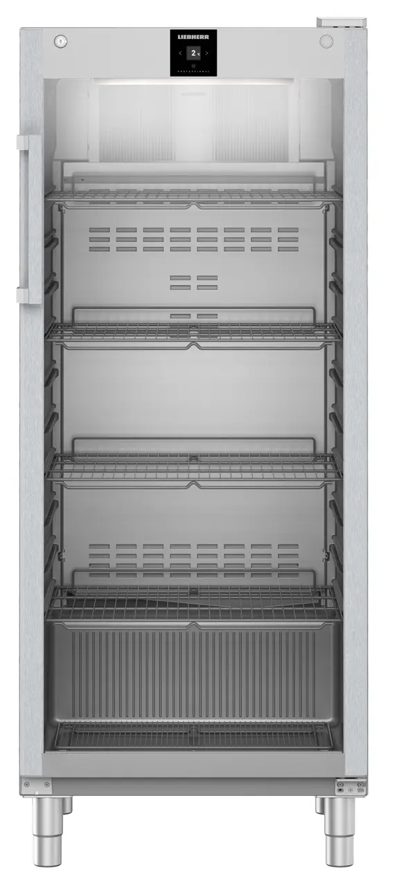 Kühlschrank aus Edelstahl mit Regalen und einem Display oben.