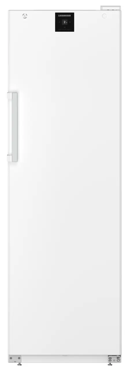 Ein weißer Kühlschrank mit geschlossener Tür. Er hat einen Griff und ein Display oben.