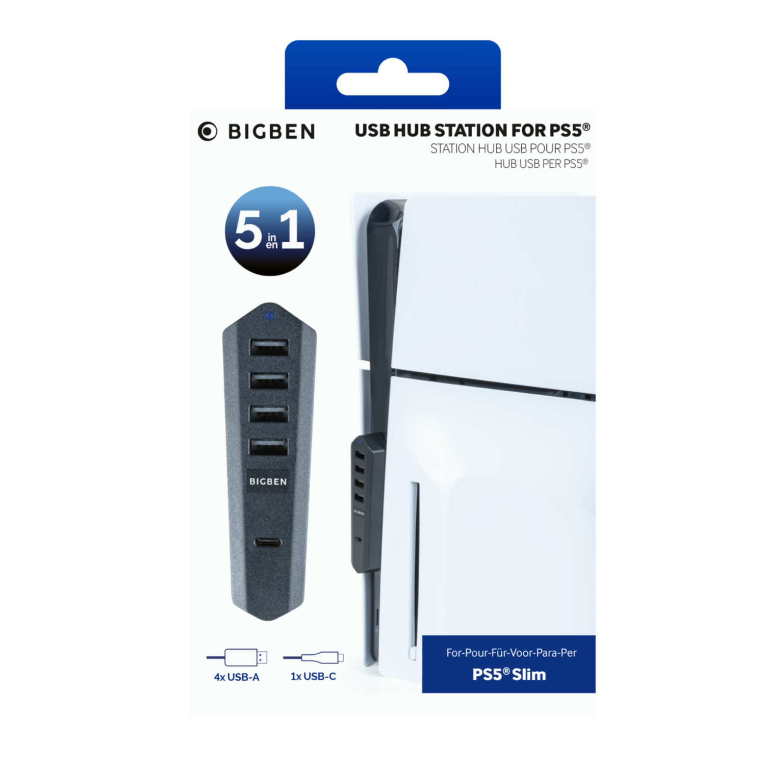 Bigben USB hub for PS5. Hub with 5 USB ports and a USB-C cable. Box with PS5 logo.