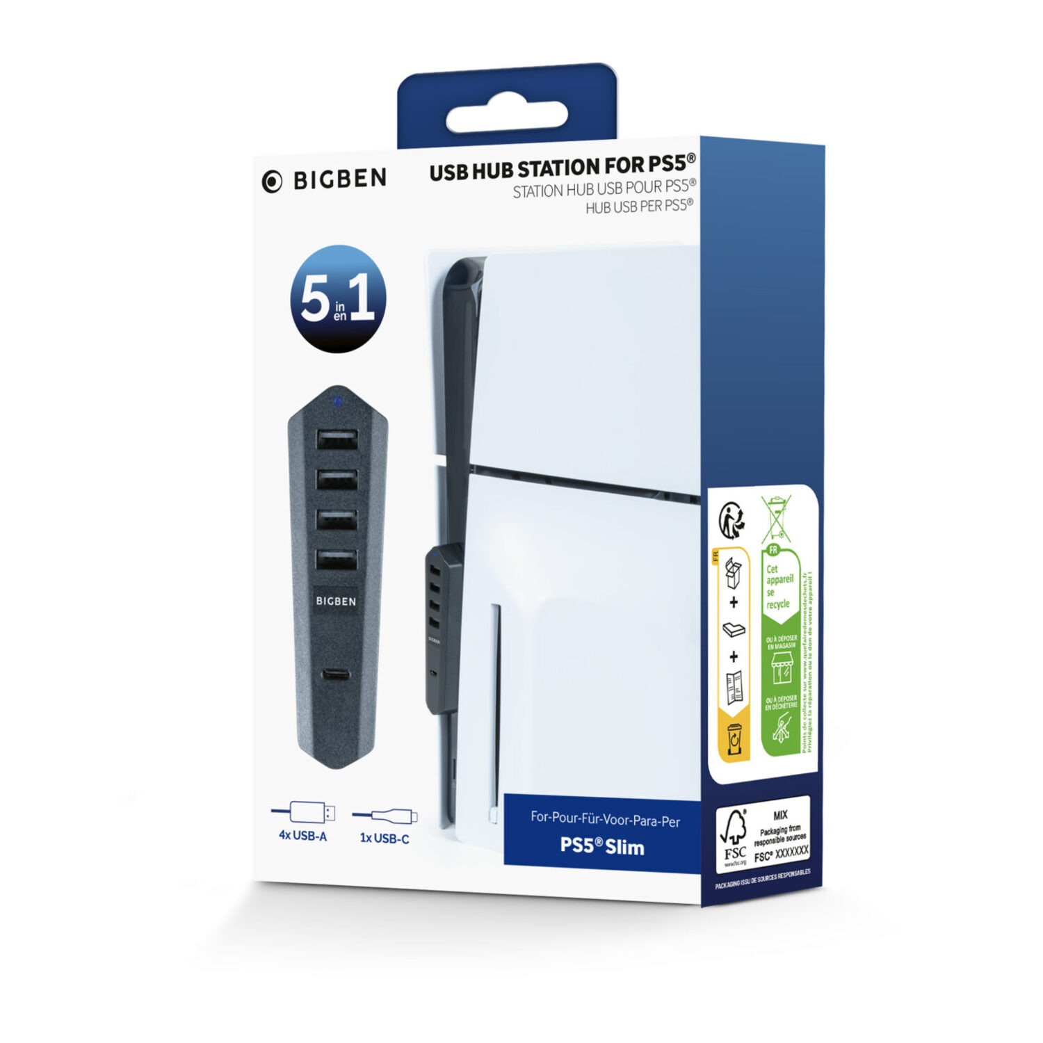 Bigben USB hub for PS5 Slim, box with a black hub and white console image.