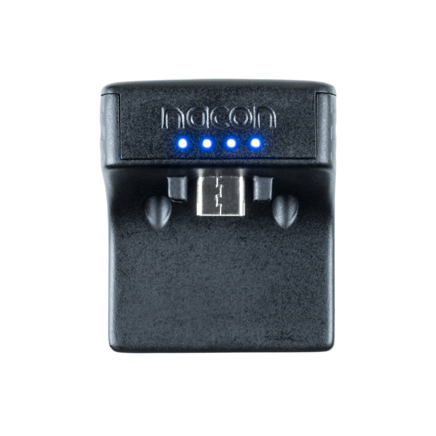 Zwarte Nacon oplaadstation met drie blauwe lampjes en een USB-poort.