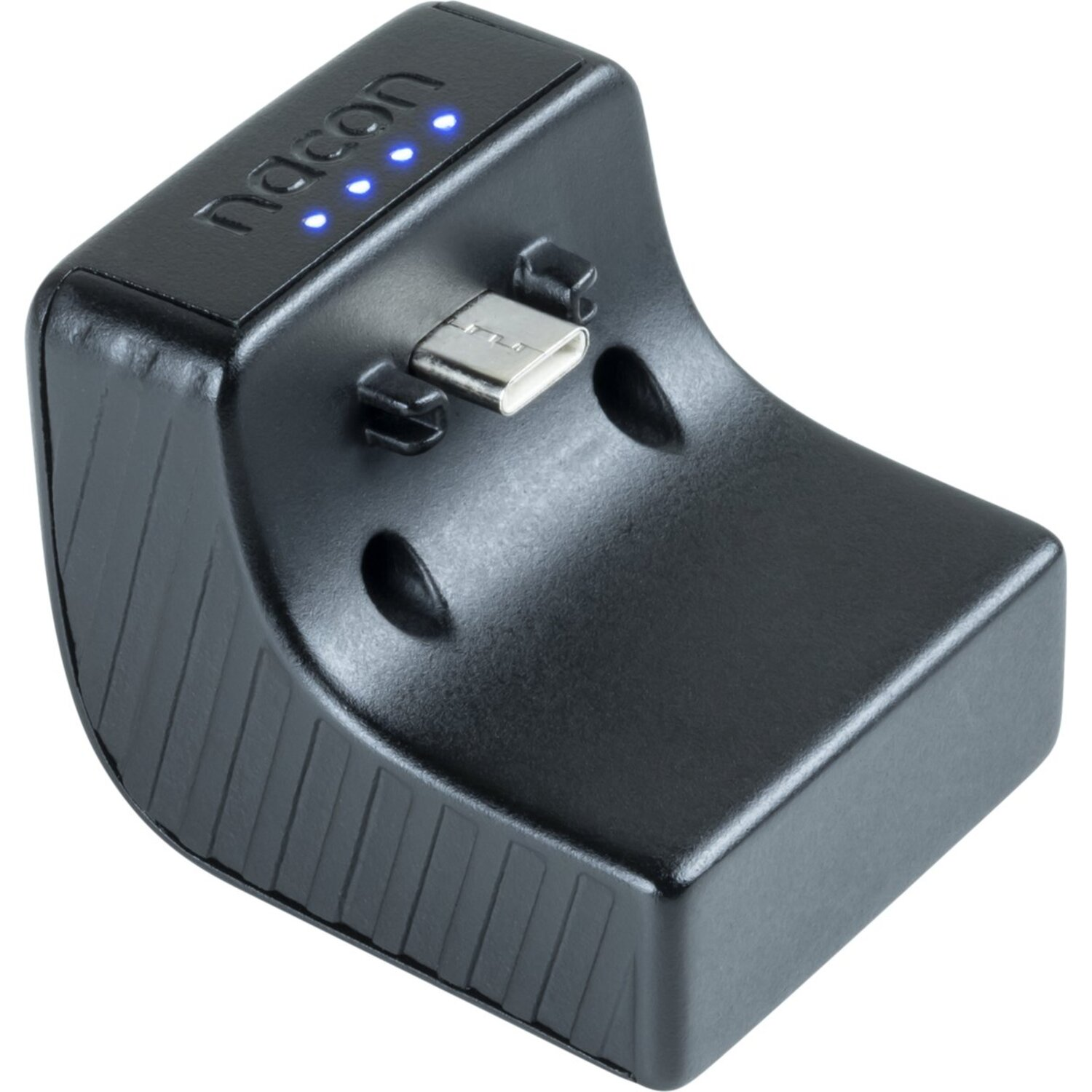 Zwart oplaadstation met een USB-C poort en vier blauwe lampjes, schuin geplaatst op een witte achtergrond.