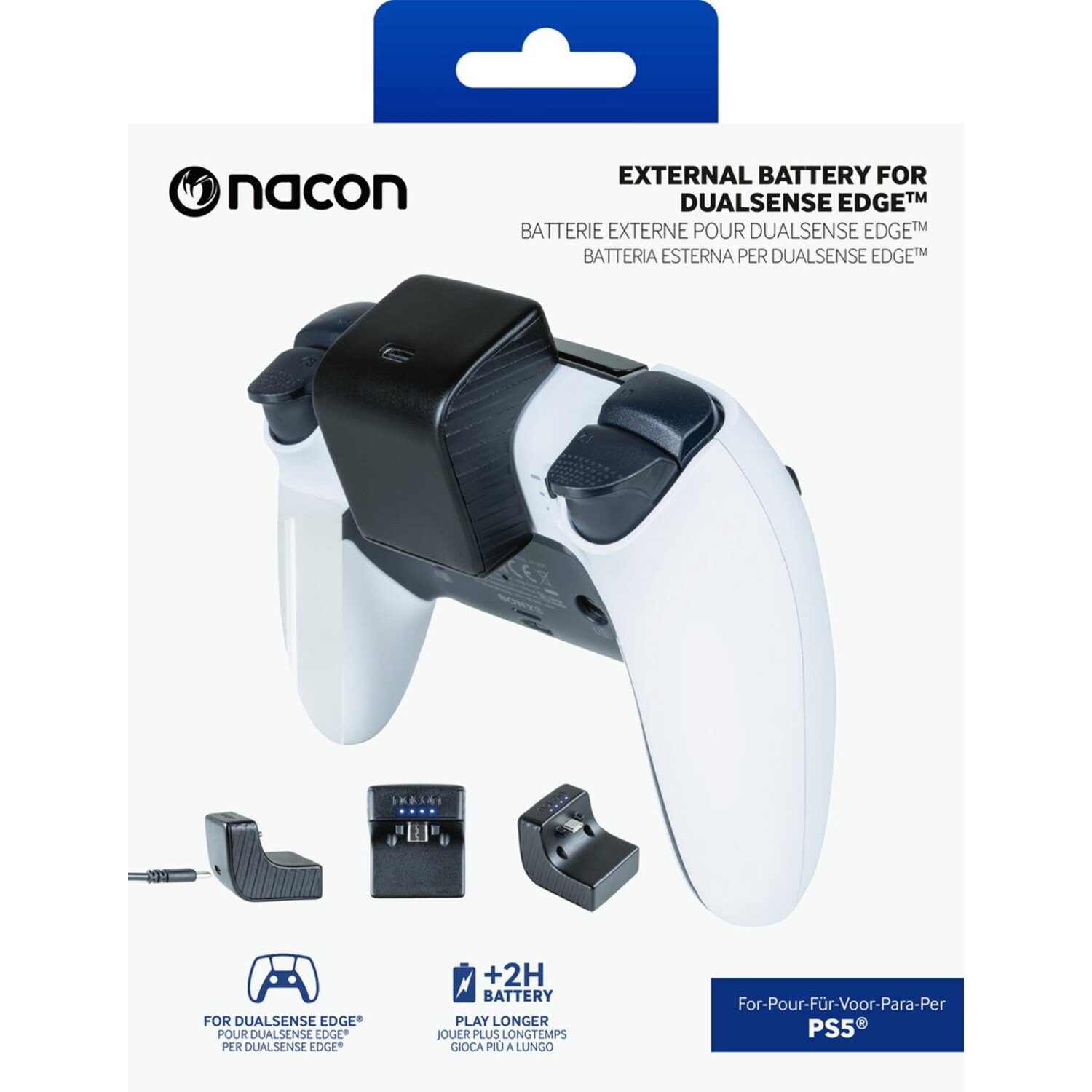 Witte gamepad met zwarte batterijbevestiging en oplaadstations. Verpakkingstekst.