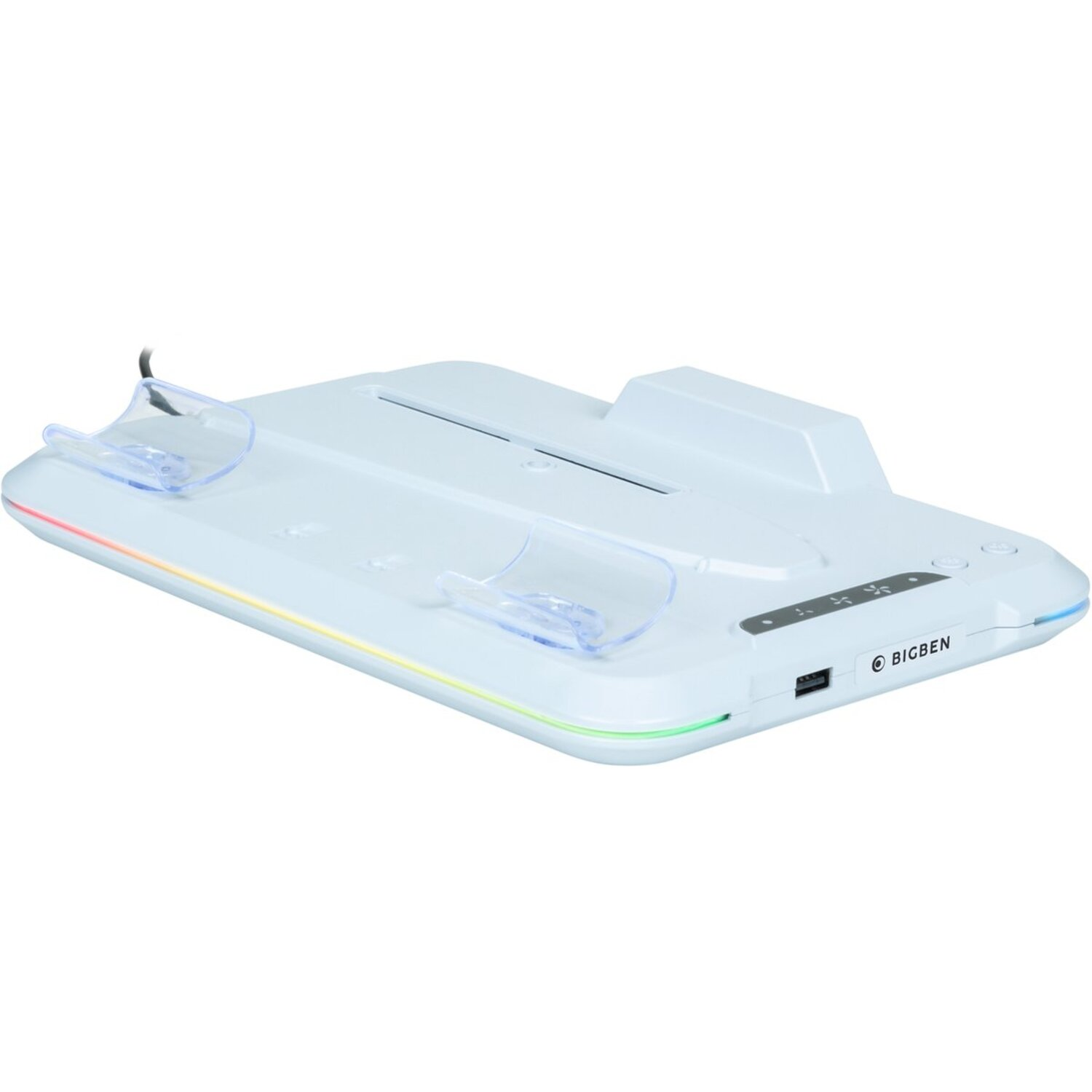 White charging station for game controllers. RGB lights along the edges. Black background.