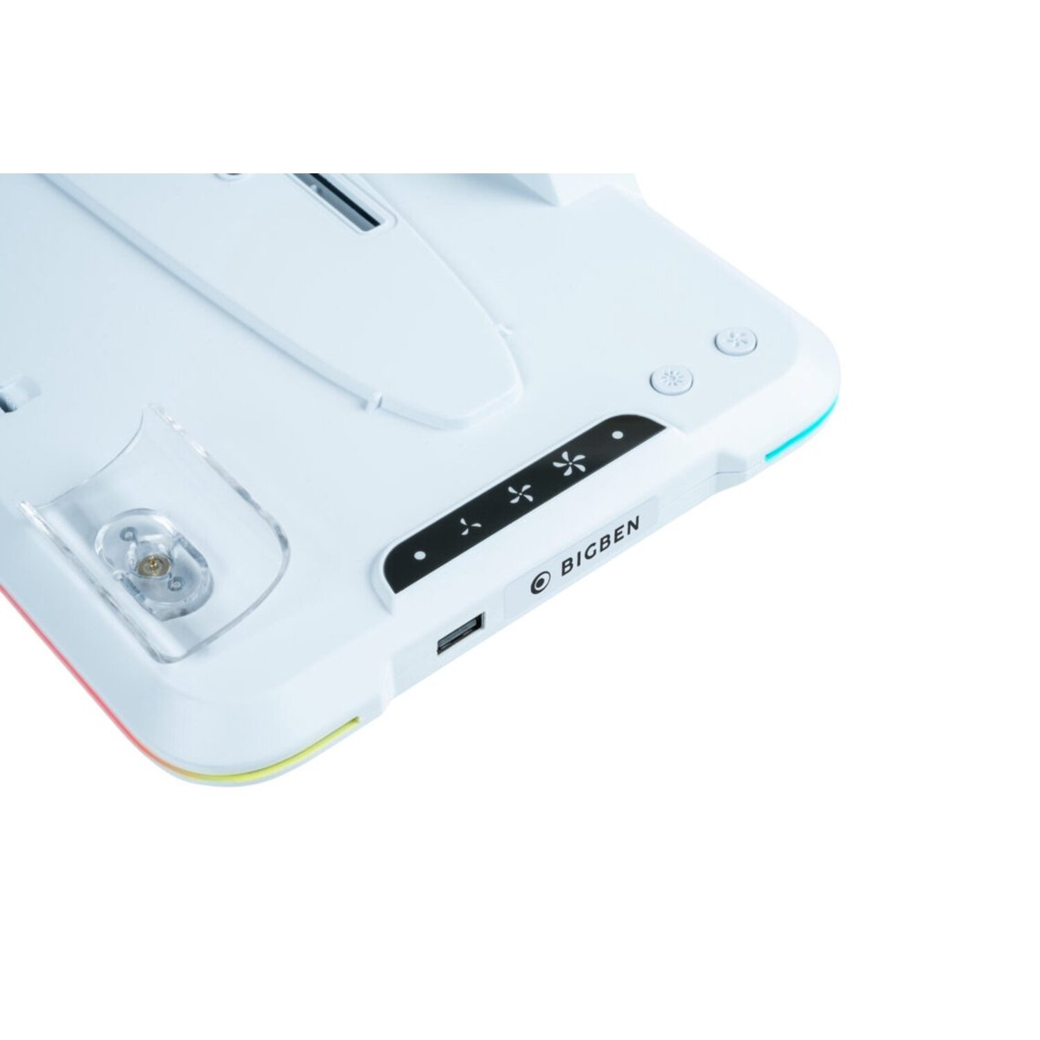 Close-up of a white electronic device with buttons, a USB port, and a colorful edge.