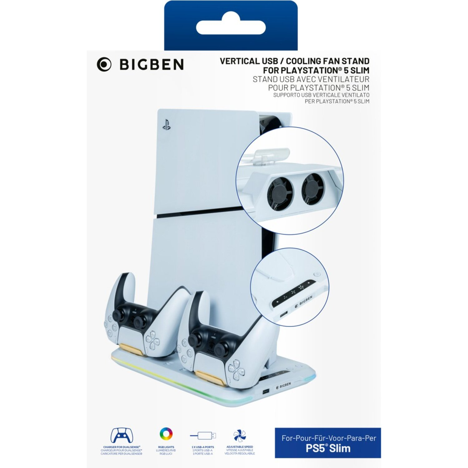 Bigben PS5 Slim stand with controller chargers, fan, and the console in white.