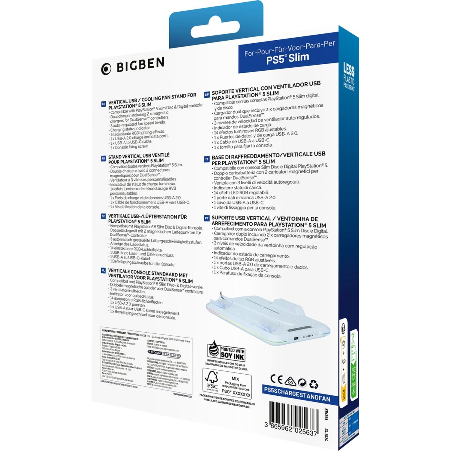 A white and blue box with text and illustrations. It is a stand for a PlayStation 5 Slim console.