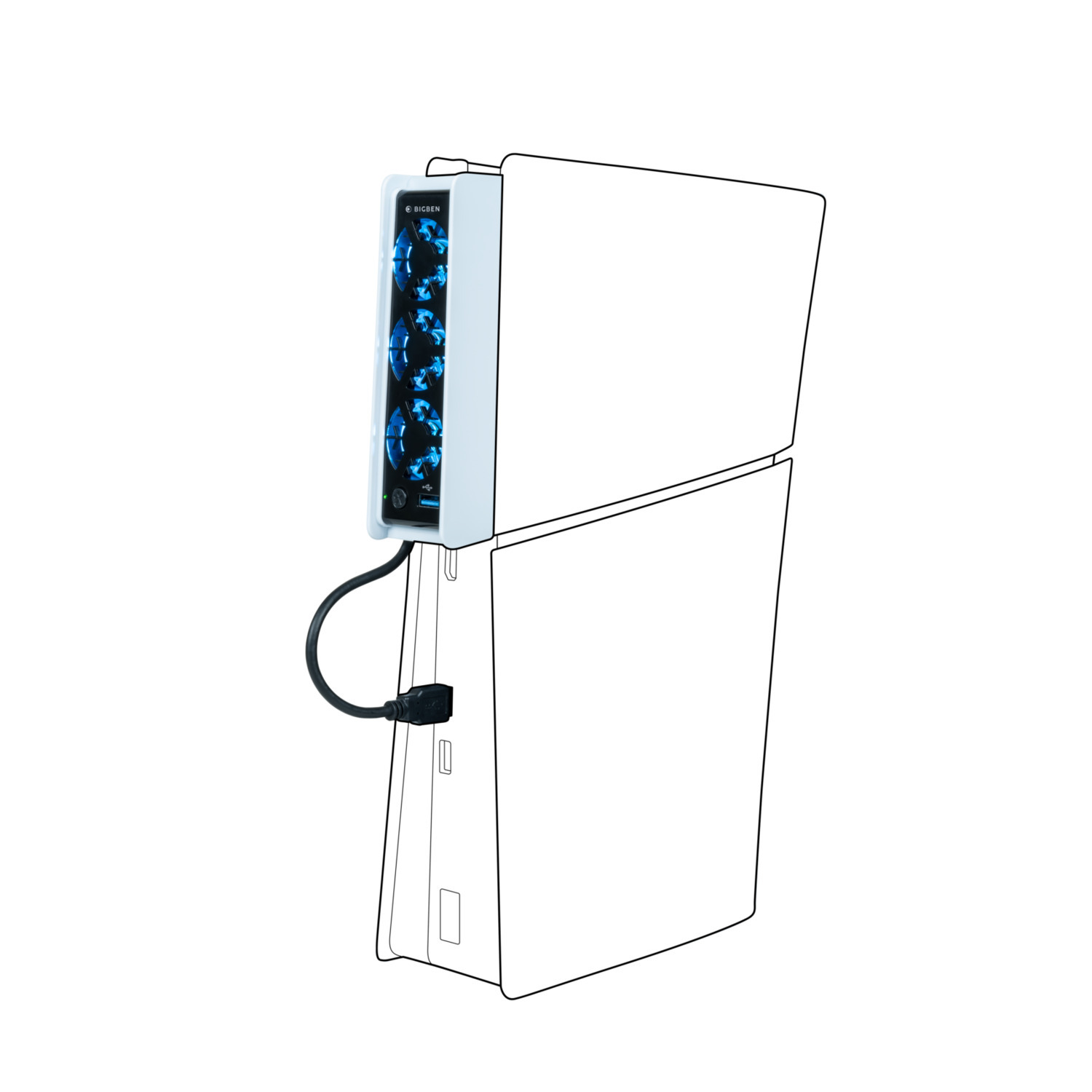 Line drawing of a white device, with a black cable and a screen.