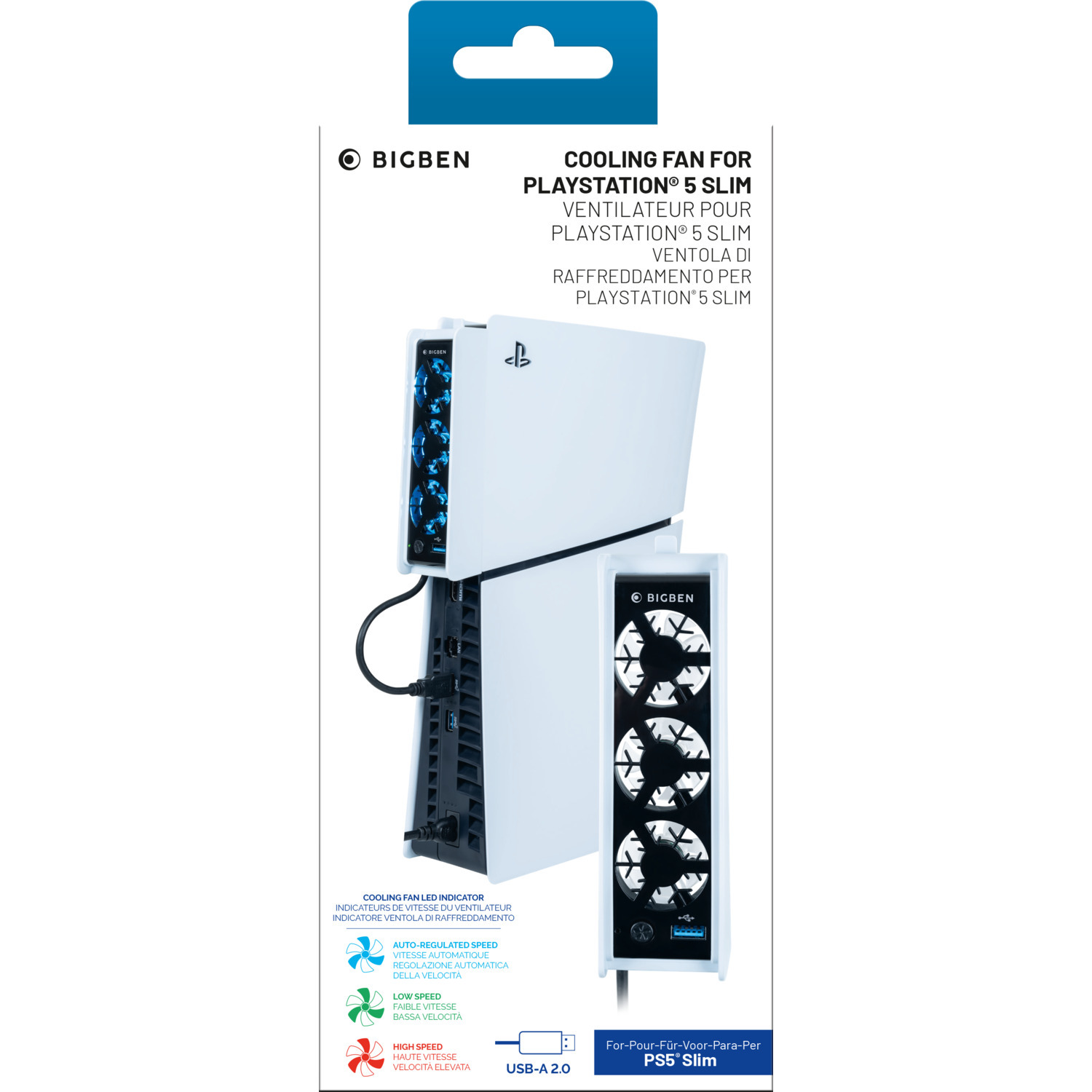 A white and black cooling fan for a PlayStation 5 Slim. It also has a box.