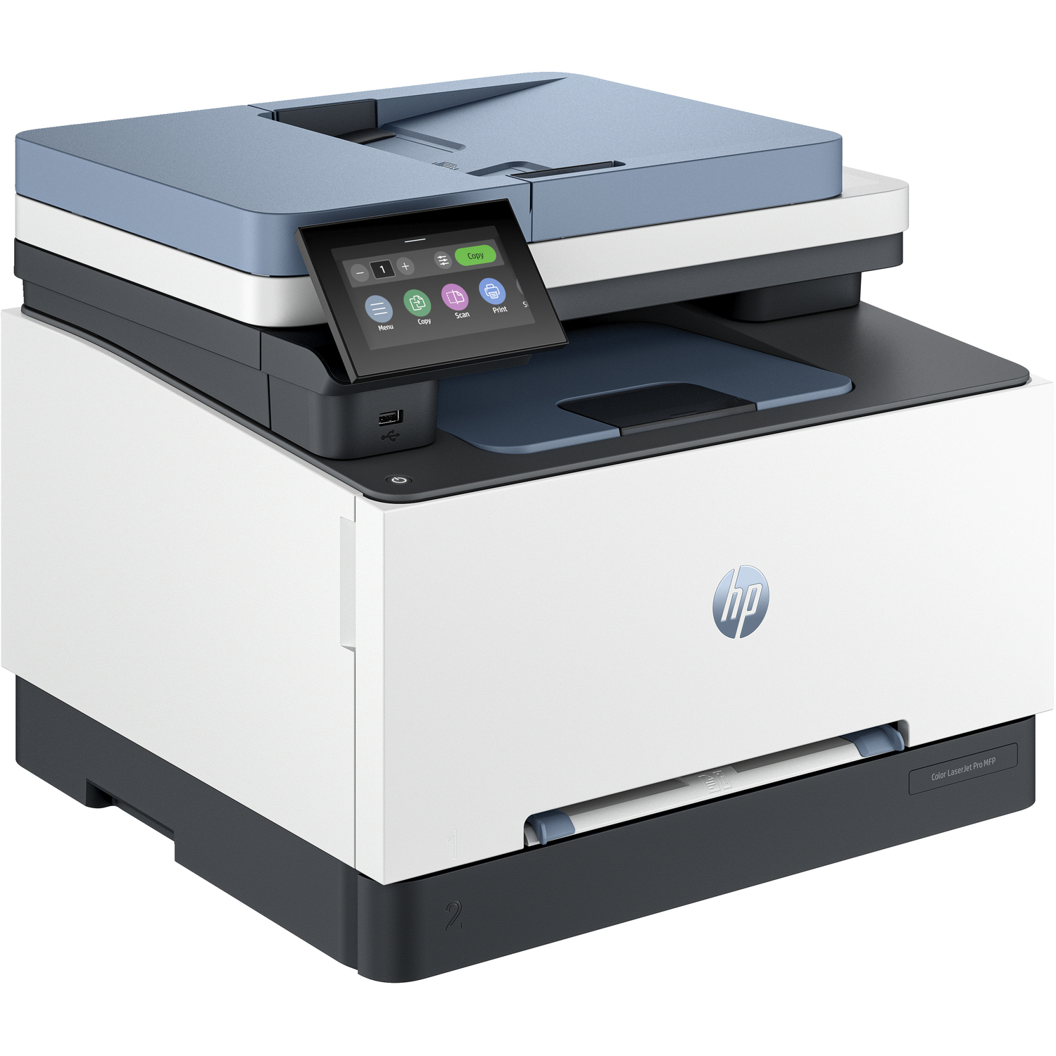 Imprimante blanche et bleue avec écran tactile et logo HP. Sur un bureau.