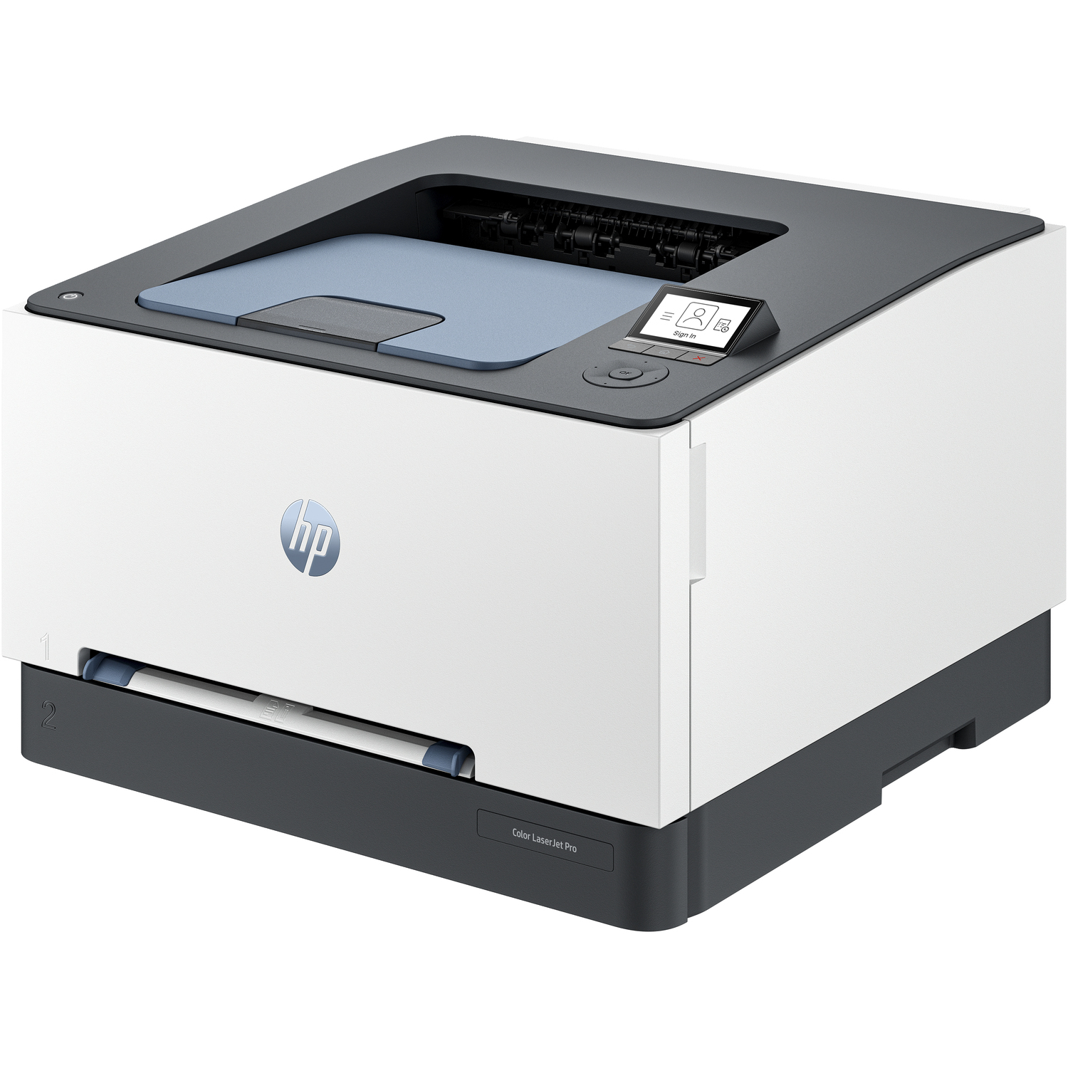 Imprimante blanche et grise avec écran tactile. Comprend le logo HP et une base sombre.