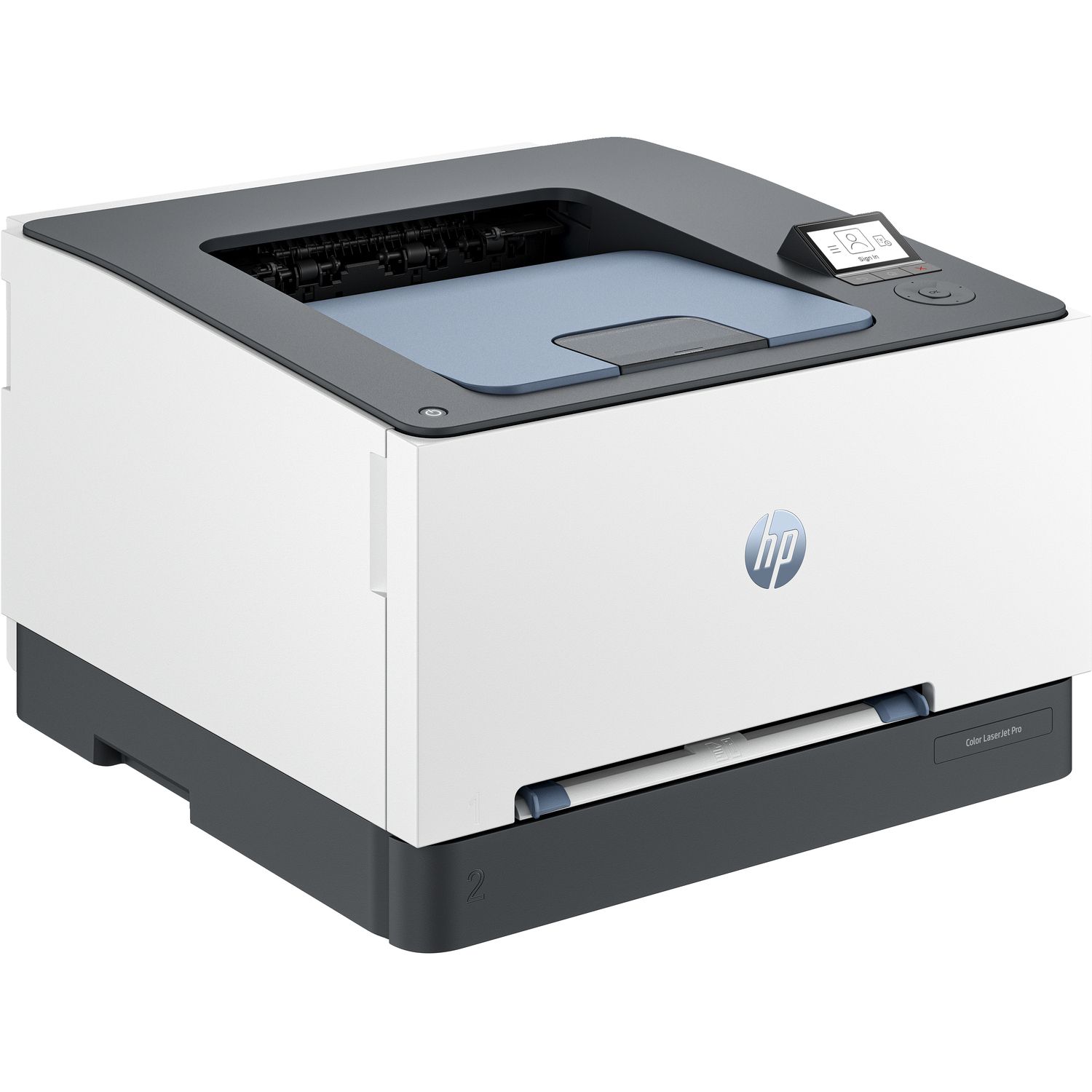 Imprimante blanche et grise avec écran tactile. Le logo HP est visible.