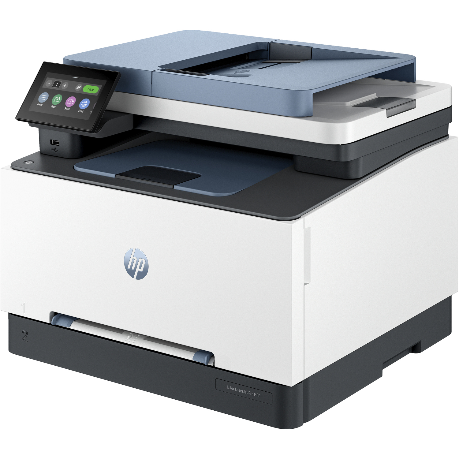 An HP Color LaserJet Pro MFP printer, blue, white, and black.