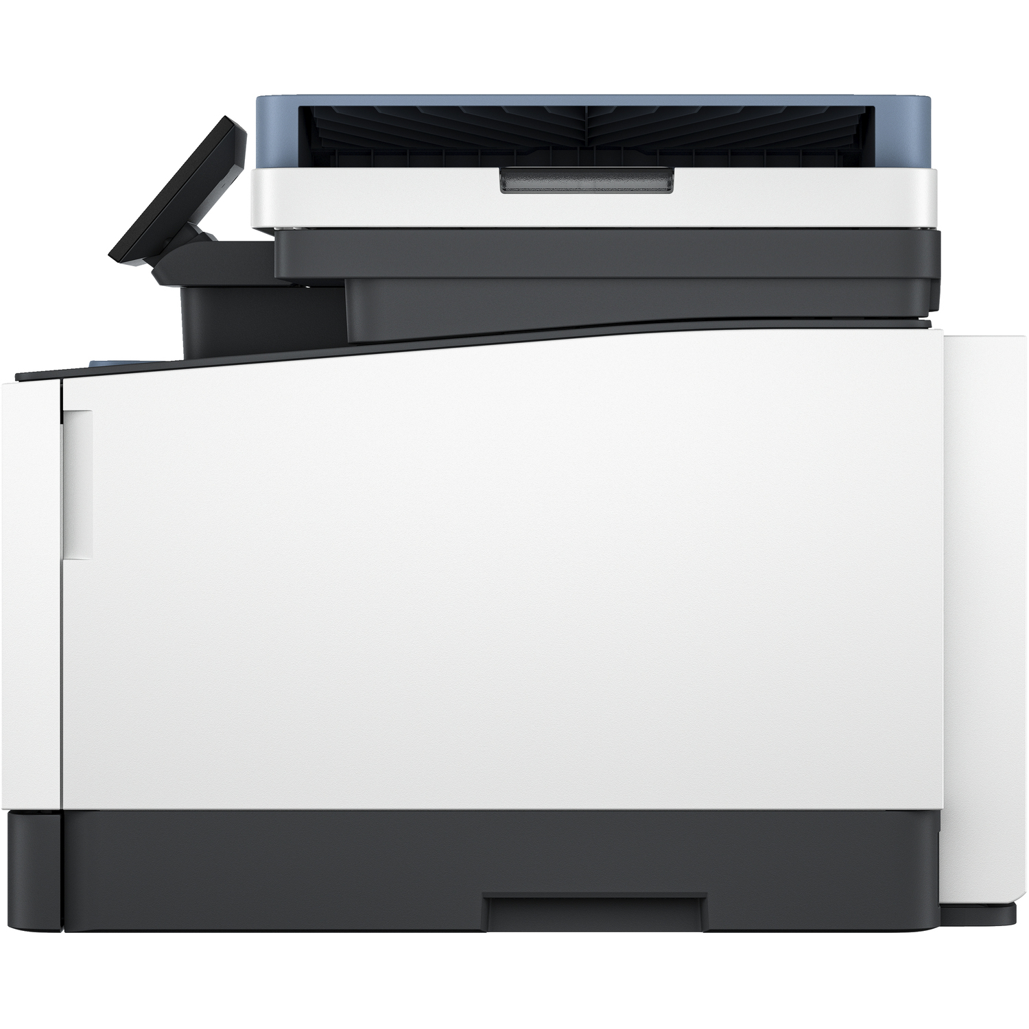 Side view of a white printer with a touch screen and a dark base. The HP logo is visible.