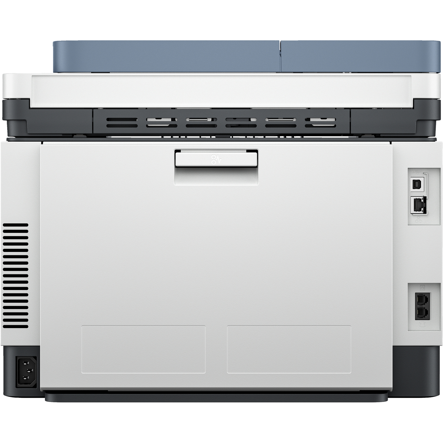 The back of a white and blue multi-function printer. It has ports and a power input.