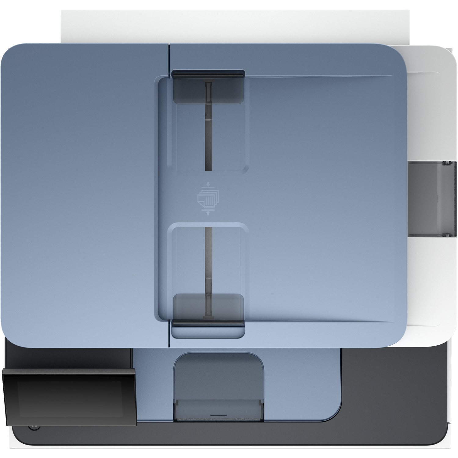 Printer paper trays, top view, blue, white and black.