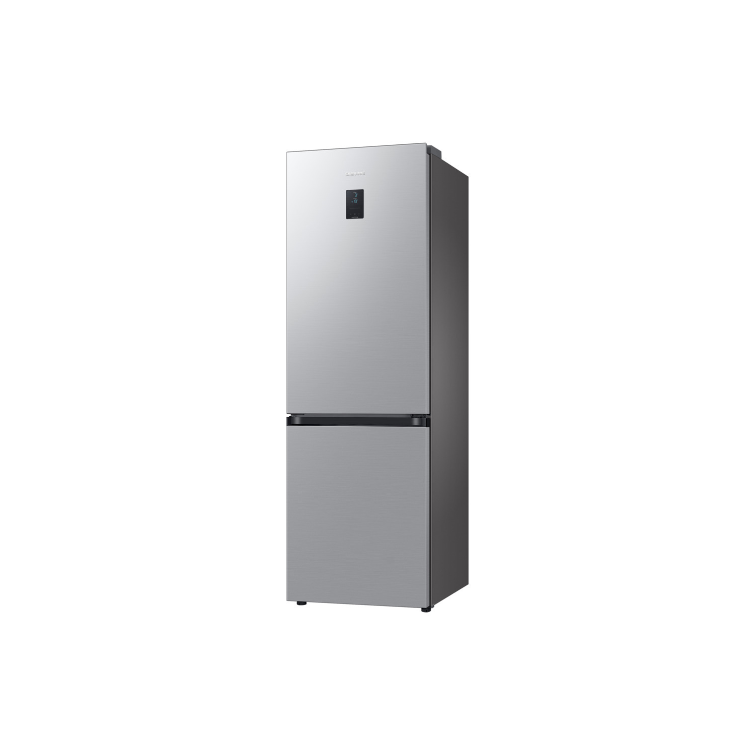 A silver refrigerator with a black handle is shown against a white background. The refrigerator has two compartments.