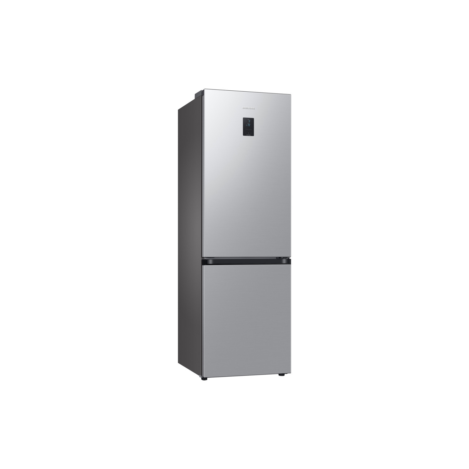 A silver refrigerator with a bottom freezer, on a white backdrop.