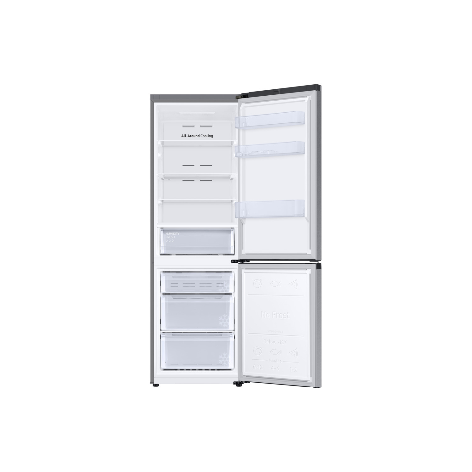 Open refrigerator with drawers and shelves, showing contents.