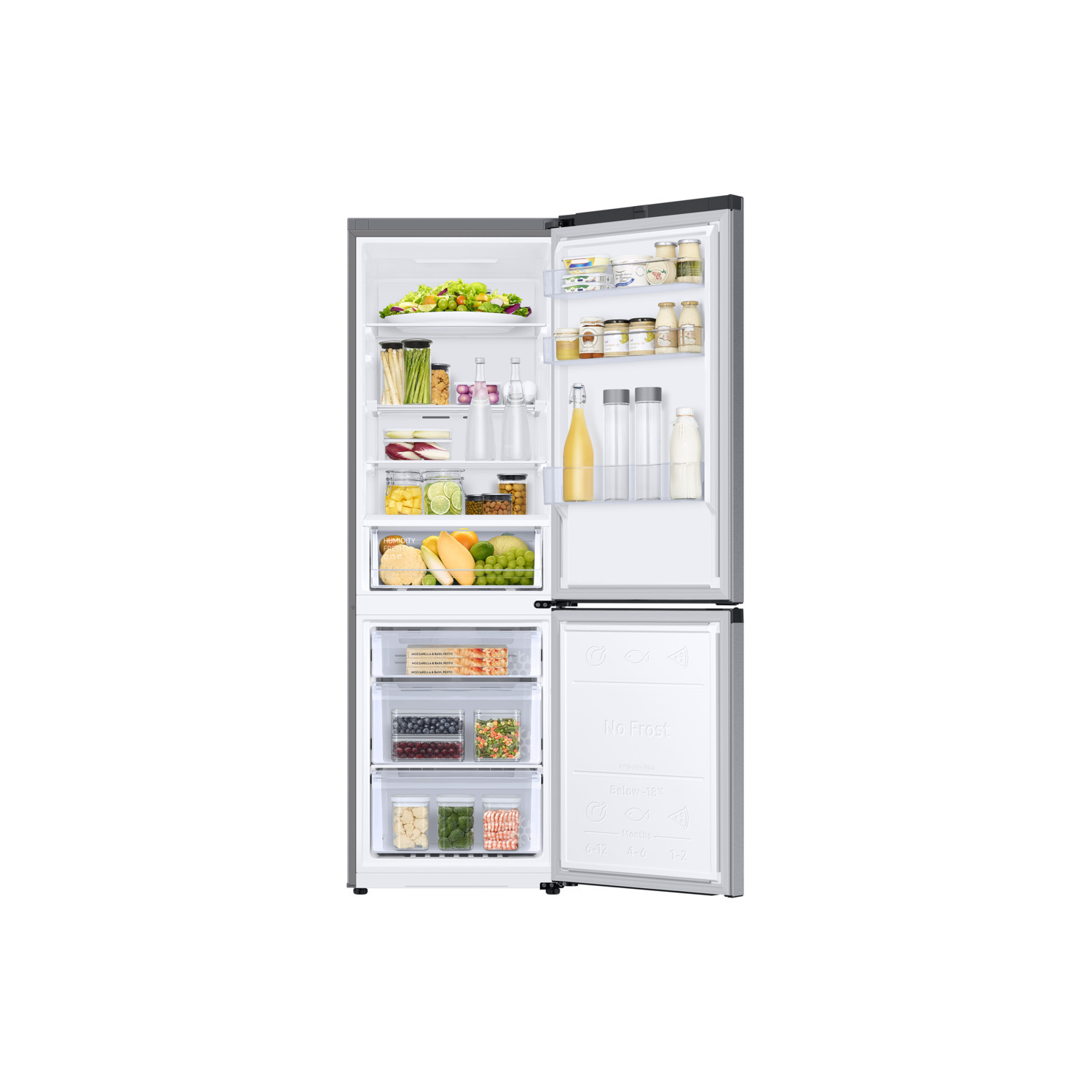 Open refrigerator with food inside, including vegetables, fruits, and bottles.