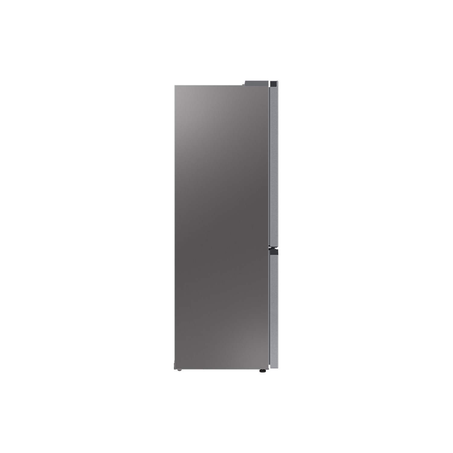 A grey refrigerator from the side with a closed door.