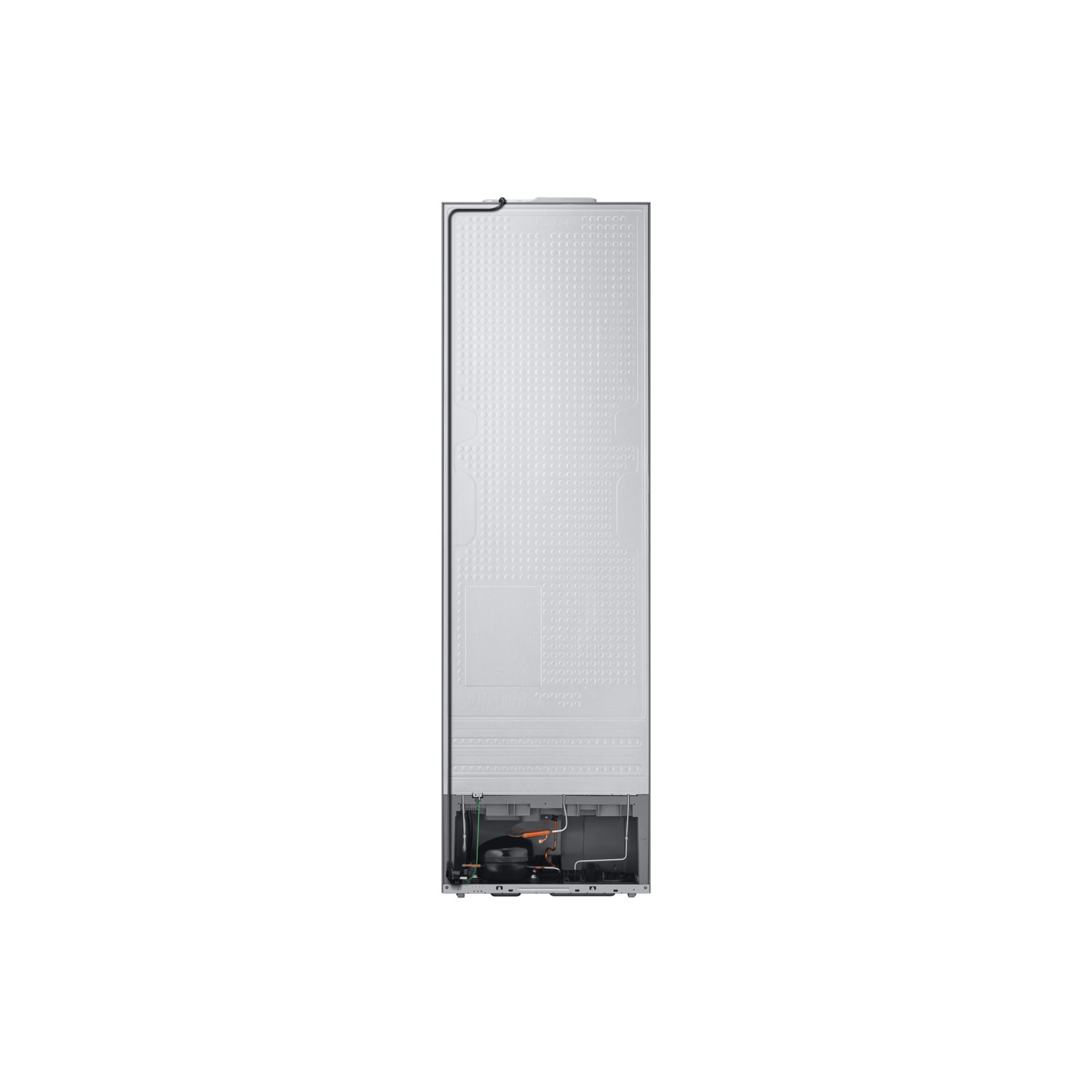 Back of a refrigerator. The back is white with various components.