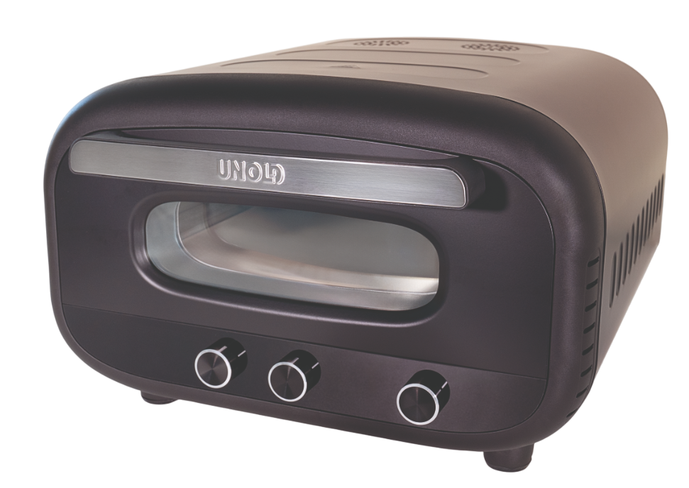 Schwarzer Unold Retro-Toaster mit drei Knöpfen, silbernem Griff und Fenster, schwarzer Hintergrund.